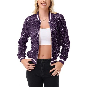Anna-Kaci Women's Sequin Bomber Jacket with Ribbed Trim and Front Zipper Closure - 1 of 4