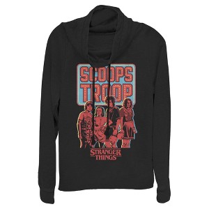 Juniors Womens Stranger Things Scoops Troop Character Pose Cowl Neck Sweatshirt - 1 of 3