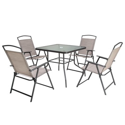 Pellebant Outdoor 5-piece Patio Dining Set Folding Chairs and Glass Table with Umbrella Hole