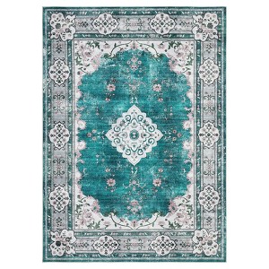 Coolmee Area Rugs Washable,Boho Vintage Bohemian Distressed Oriental Carpet Non Slip, Floral, for Living Room Bedroom Nursery Old Green - 1 of 4