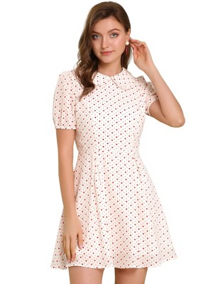 Allegra K Women's Heart Dots Print Short Sleeve A-Line Peter Pan Collar Mini Dress