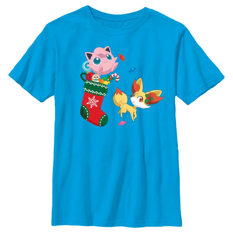 Boy's Pokemon Christmas Jigglypuff and Fennekin Stocking T-Shirt, 1 of 5