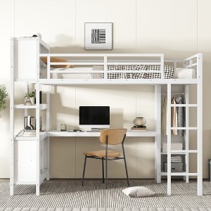 Bellemave Queen Loft Bed with Wardrobe and Storage Cubes,Metal Loft Bed with Guardrail, for Adults, Teens, Kids，White - 1 of 4