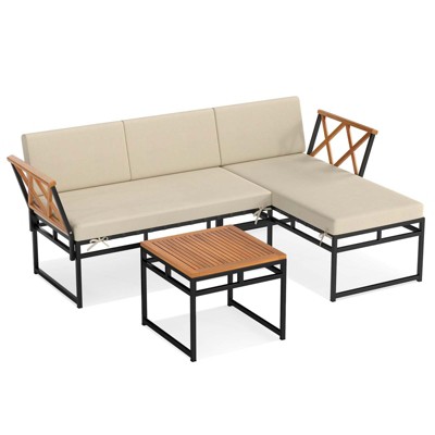 Tangkula Set Of 3 L-Shaped Outdoor Furniture Set Acacia Wood Patio Sectional Cushioned Conversation Sofa with Square Coffee Table