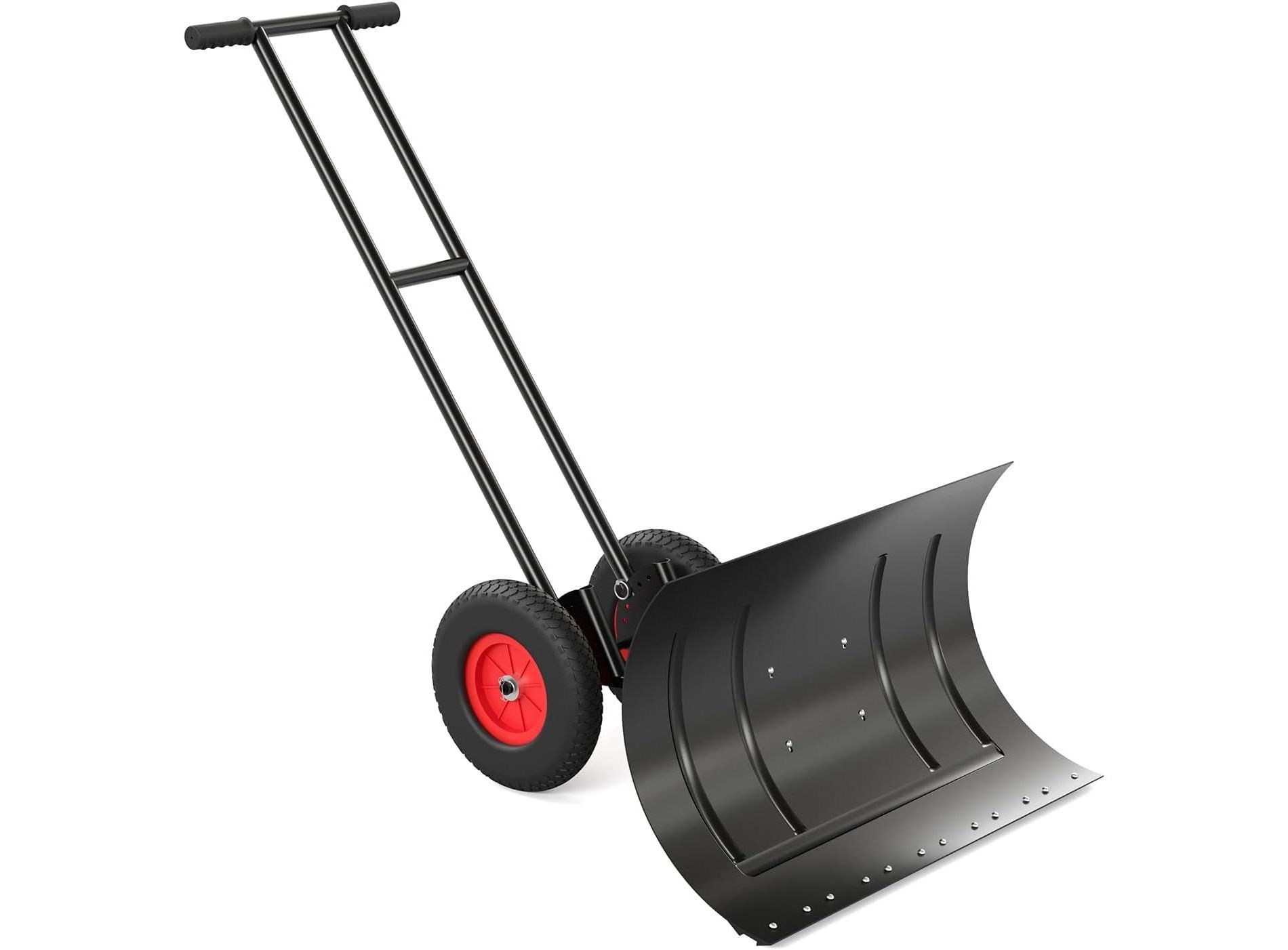 Snow Shovel for Driveway with Wheels, Heavy Duty Metal Rolling Snow Pusher with 5-Position Angled Blade & Adjustable Handle for Doorway, Sidewalk