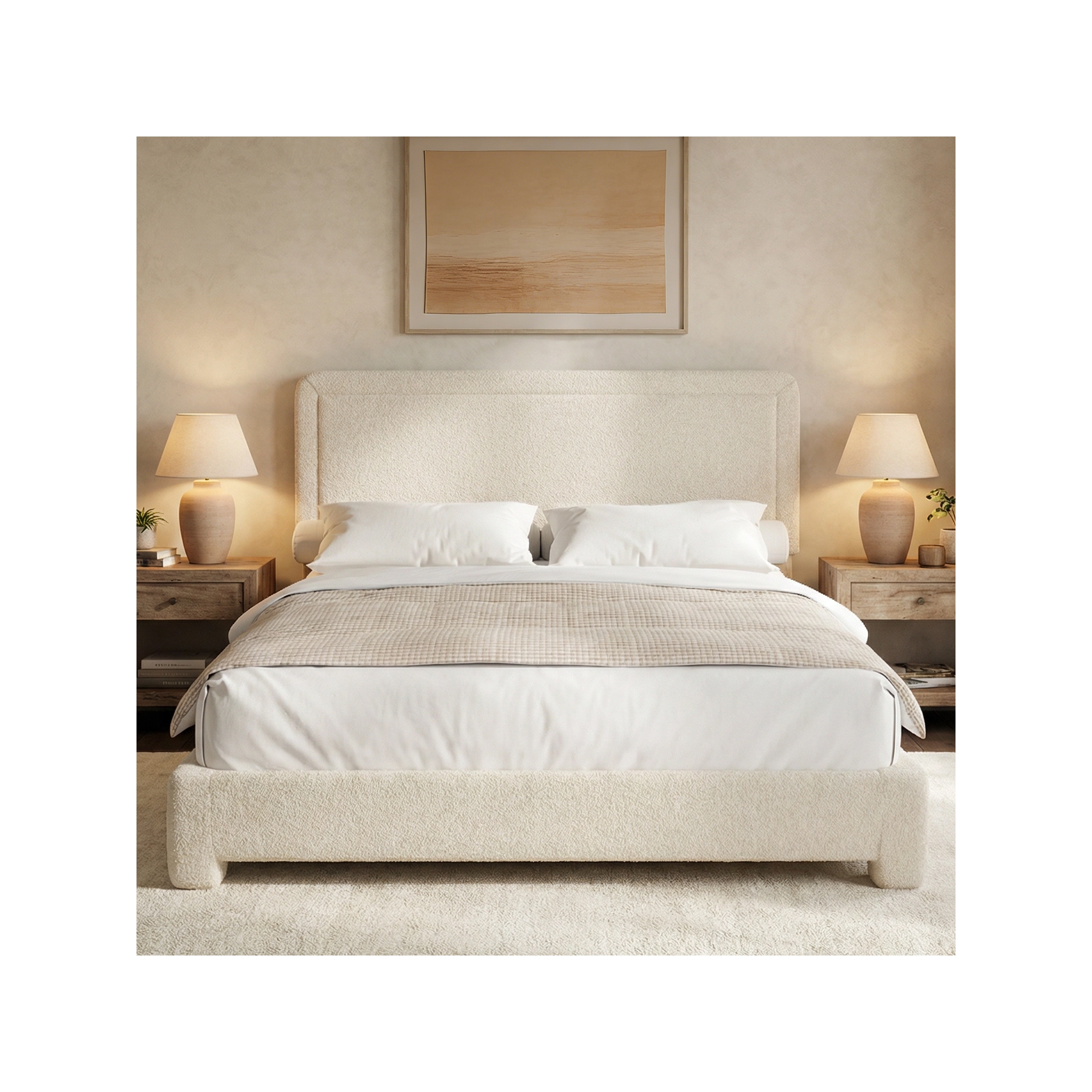 Dyonery Boucle Bed Frame Queen Size,Modern Cream Bed Frame with Adjustable Headboard, Soft Rounded Corners,No Box Spring Required,Easy Assembly