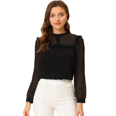 INSPIRE CHIC Women's Swiss Dots Long Sleeve Ruffled Work Office Chiffon Blouse