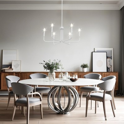 DORESshop 6-Light 28 in. White Farmhouse Rustic Candle Ceiling Chandelier, Adjustable Height Pendant Light for Dining Room and Living Room