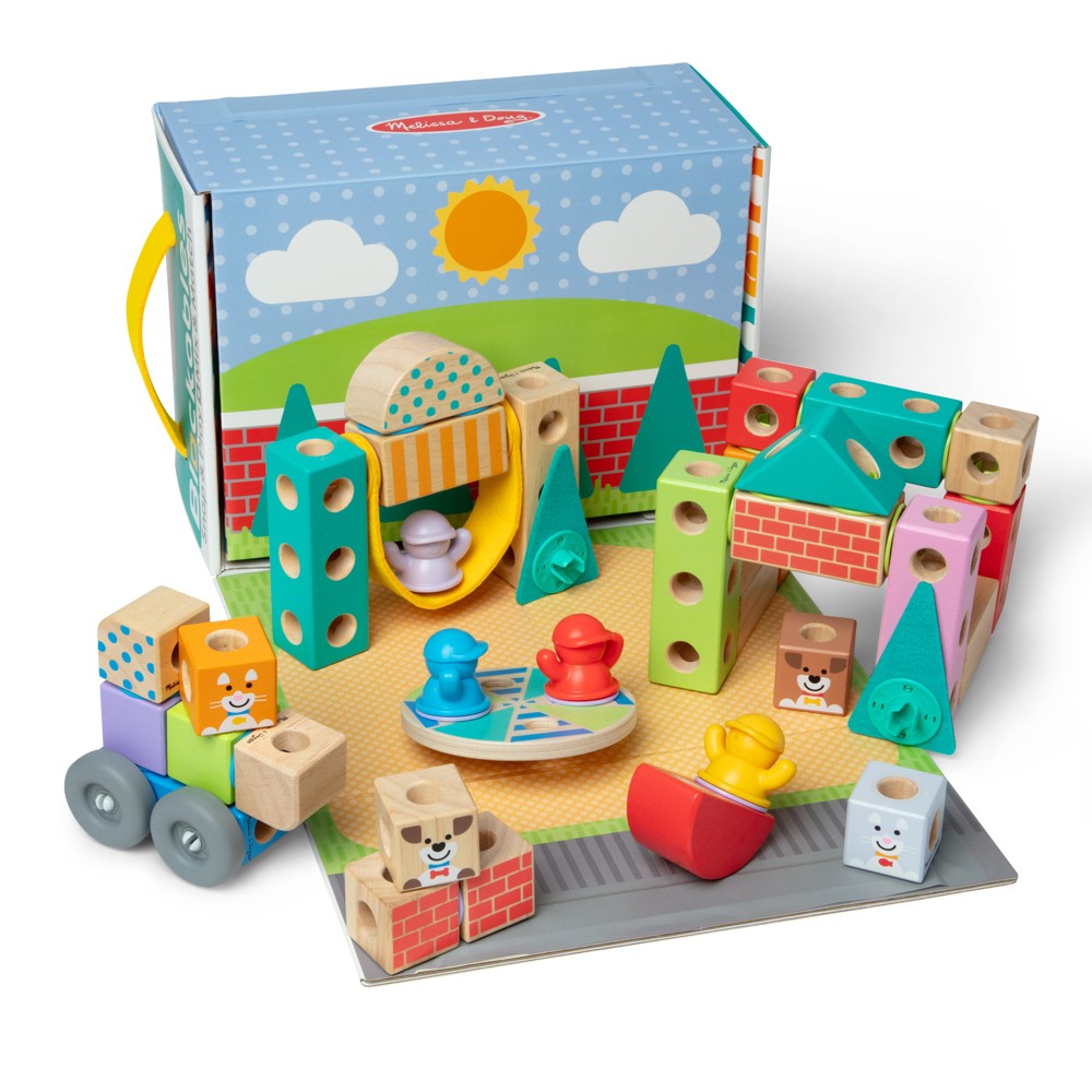 Melissa & Doug Blockables Town Snap And Play, Mix And Match Connectable Wooden Building Blocks Play Set - 73Pc