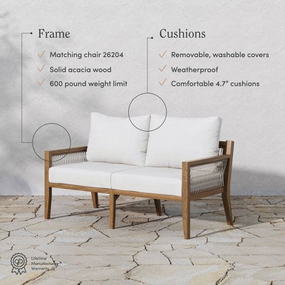 Freya Light Brown Acacia Wood Patio Loveseat with White Cushions