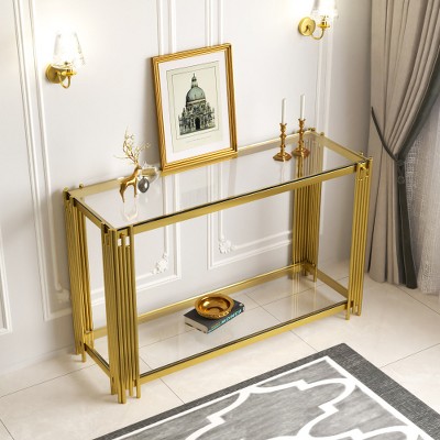 Dolonm 47" Gold Glass Console Table for Entryway Clear Tempered Glass Stainless Steel Frame Modern Porch Hallway Table