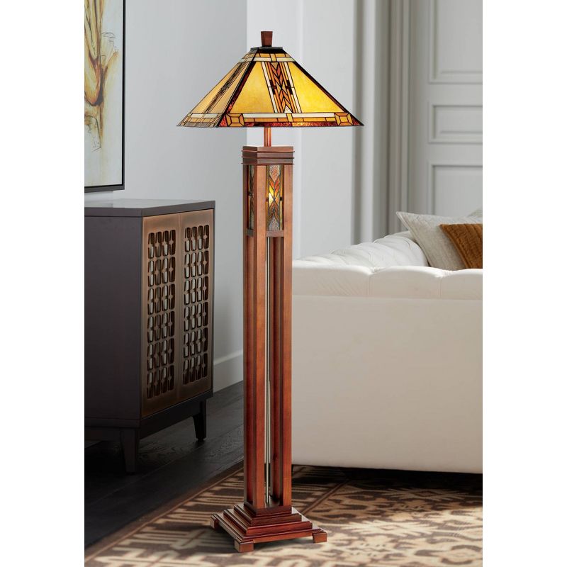 Robert Louis Tiffany Mission Rustic Floor Lamp 62 1/2" Tall Walnut Wood Column with Nightlight Wheat Stained Glass Shade for Living Room Bedroom House, 2 of 9
