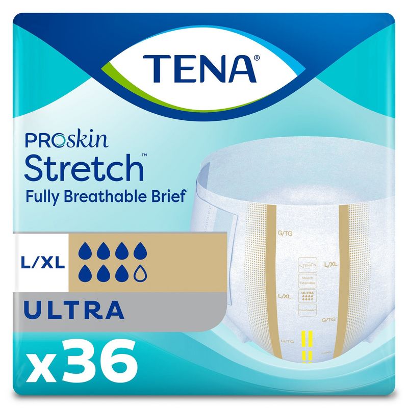 TENA ProSkin Stretch Ultra Incontinence Briefs, Heavy Absorbency, Unisex, Large/ XL, 36 Count, 2 Packs, 72 Total, 1 of 5