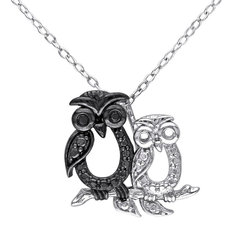 .02 CT. T.W. Black Diamond Double Owl Pendant Necklace in Sterling Silver (18"), 1 of 4