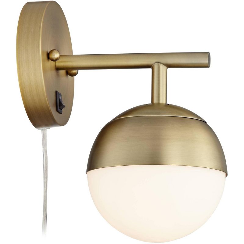 360 Lighting Luna Mid Century Modern Wall Lamp Brass Plug-in 5 1/2" Light Fixture Frosted Glass Globe for Bedroom Reading Living Room Hallway House, 5 of 8