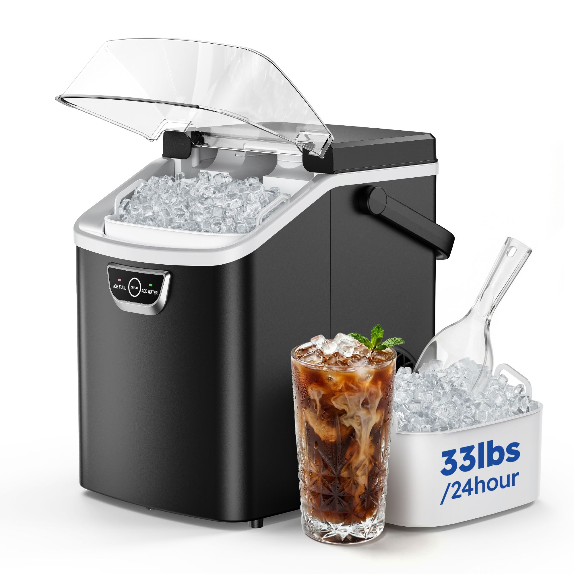 Simzlife 33 Lbs. Nugget Ice Maker Countertop , 5mins Fast Ice Making, Quiet Operation & Self-Cleaning, Black