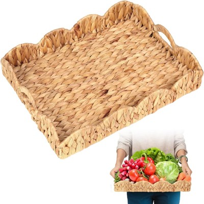 BRINJOY Water Hyacinth Woven Tray with Scalloped Edge - 17x13 inch Handwoven Storage Basket with Handles, Natural Desk Organizer