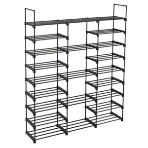 Boersma 9-Tier Large Capacity Shoe Rack with Hooks for Closet & Entryway, Holds 50-55 Pairs, 3 Rows Shoe Shelf with Sturdy Metal Frame, Black - 1 of 4