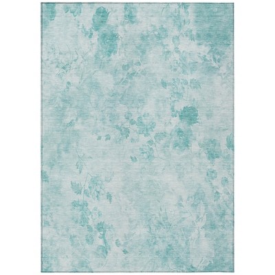 Aqua Teal Blue And Ivory Floral Washable Indoor Outdoor Area Rug
