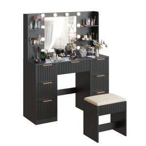 White Particle Board Laminated with Textured Melamine, 7-Drawer 4-Tier Shelf, with 10 Three-Color Dimmable Bulbs, Dressing Table Set - 1 of 4