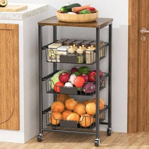 Kitchen Storage Cart with Wheels 4 - Tier Metal Utility Rolling Cart Wood Top Pull Out Baskets for Kitchen Living Room Dining - 1 of 4