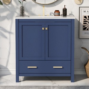 Bathroom vanity set with ceramic sink, modern bathroom cabinet, soft-close doors and drawers, hardwood frame. - 1 of 4