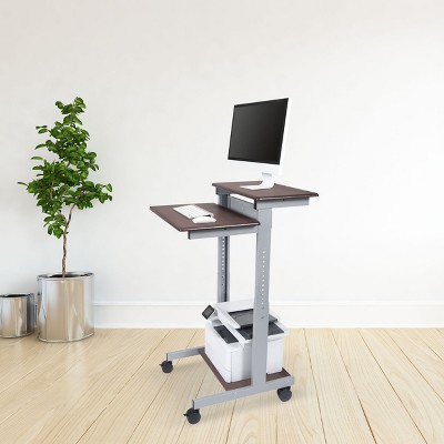 Adjustable Dark Walnut Two-Tier Standing Desk with Metal Frame