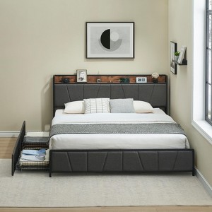 Modern Bed Frame with Storage Headboard, Metal Platform Bed with USB Charging Station and Under Bed Drawers - Steel Slats Support - 1 of 4