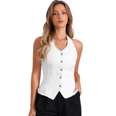 INSPIRE CHIC Women's Denim Halter Neck Button Down Backless Jean Vest