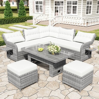 Outdoor 5 Pcs Furniture Set, Seating Set with Extendable Side Tables, Rattan Sofa Set with Metal Frame and PE Cushions-Coolbibila