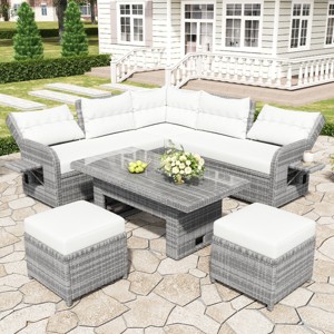Outdoor 5 Pcs Furniture Set, Seating Set with Extendable Side Tables, Rattan Sofa Set with Metal Frame and PE Cushions-Coolbibila - 1 of 4