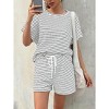 Imily Bela Women's striped pajama set, casual 2-piece set, short-sleeve loose T-shirt with drawstring shorts set - 3 of 4