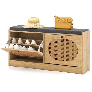 Costway Shoe Storage Bench with Cushion 2 Flip-over Doors & Adjustable Shelves - 1 of 4
