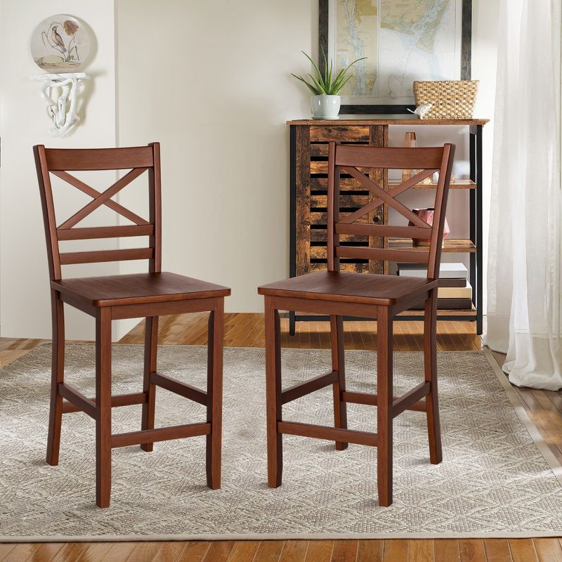 Costway Set of 4 Bar Stools 24'' Counter Height Chairs w/ Rubber Wood Legs Walnut, 4 of 9