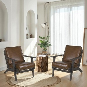 Royal Hampton Amber Accent Chair, Handcrafted Slatted Mango Wood, Buffalo Leather Cushions, Angled Legs - - 1 of 4