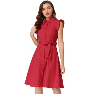 Allegra K Women's Cotton Ruffled Cap Sleeve Tie Waist Button Casual Office Shirt Dress - 1 of 4
