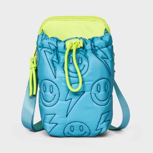 Kids Water Bottle Crossbody Bag with Quilted Icons Cat Jack Lime Aqua