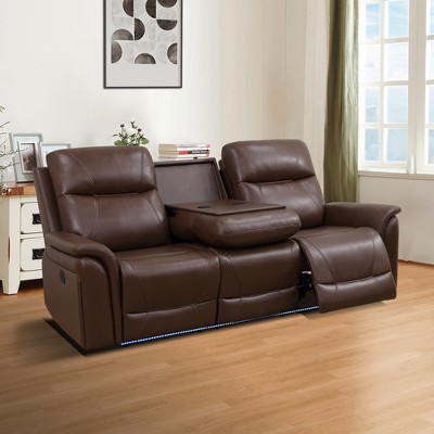 MAYEERTY Power Reclining Sofa, Electric 3-Seat Breathable Leather Recliner with USB Charging, Reversible Table & LED for Living Room, Reddish Brown
