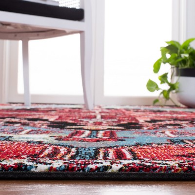 Vintage Hamadan Blue and Red Synthetic Area Rug