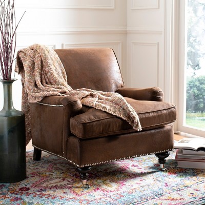 Espresso Birch Wood & Brown Faux Leather Armchair with Casters