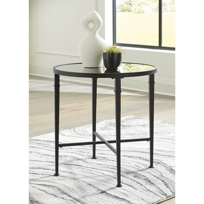 Black Round Metal and Glass Mirrored Accent Table