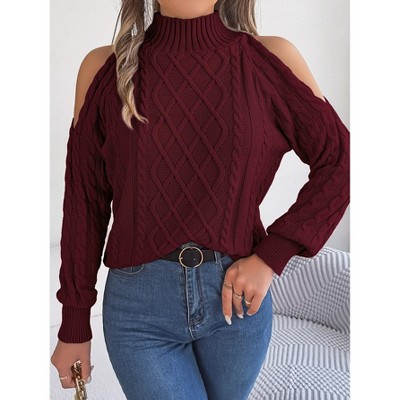 Womens Cold Shoulder Turtleneck Sweaters 2024 Fall Long Sleeve Soft Cable Knit Pullovers Sexy Jumper Tops