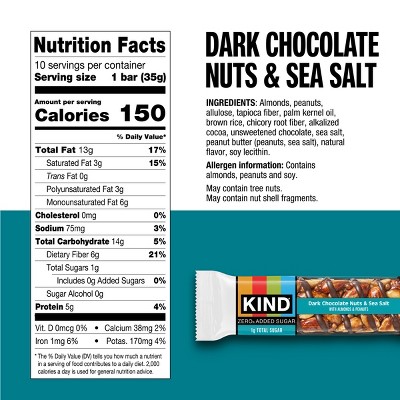 KIND Zero Added Sugar Dark Chocolate Nuts & Sea Salt Bars - 12oz/10ct