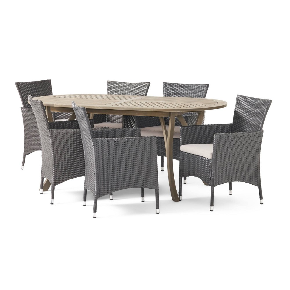 Wyatt 7pc Wood & Wicker Dining Set - Gray/Beige - Christopher Knight Home -  81411060