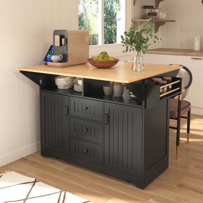 Coolbibila-55''Large Kitchen Island With 2 Drop Leaf, Rolling Kitchen Cart On 5 Wheels, Folding Storage Dining Table With Spice&Towel Rack
