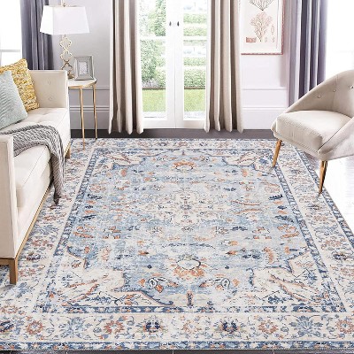 Washable Area Rug for Bedroom Vintage Low Pile Carpet Non-Slip Stain-Resistant No-Shedding Distressed Orange Dining Rugs