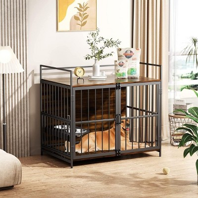 LAOTIES Heavy-Duty Dog Crate Furniture,Large Brown Steel Kennel with Feeder And Storage,Modern Anti-Chew Cage Table