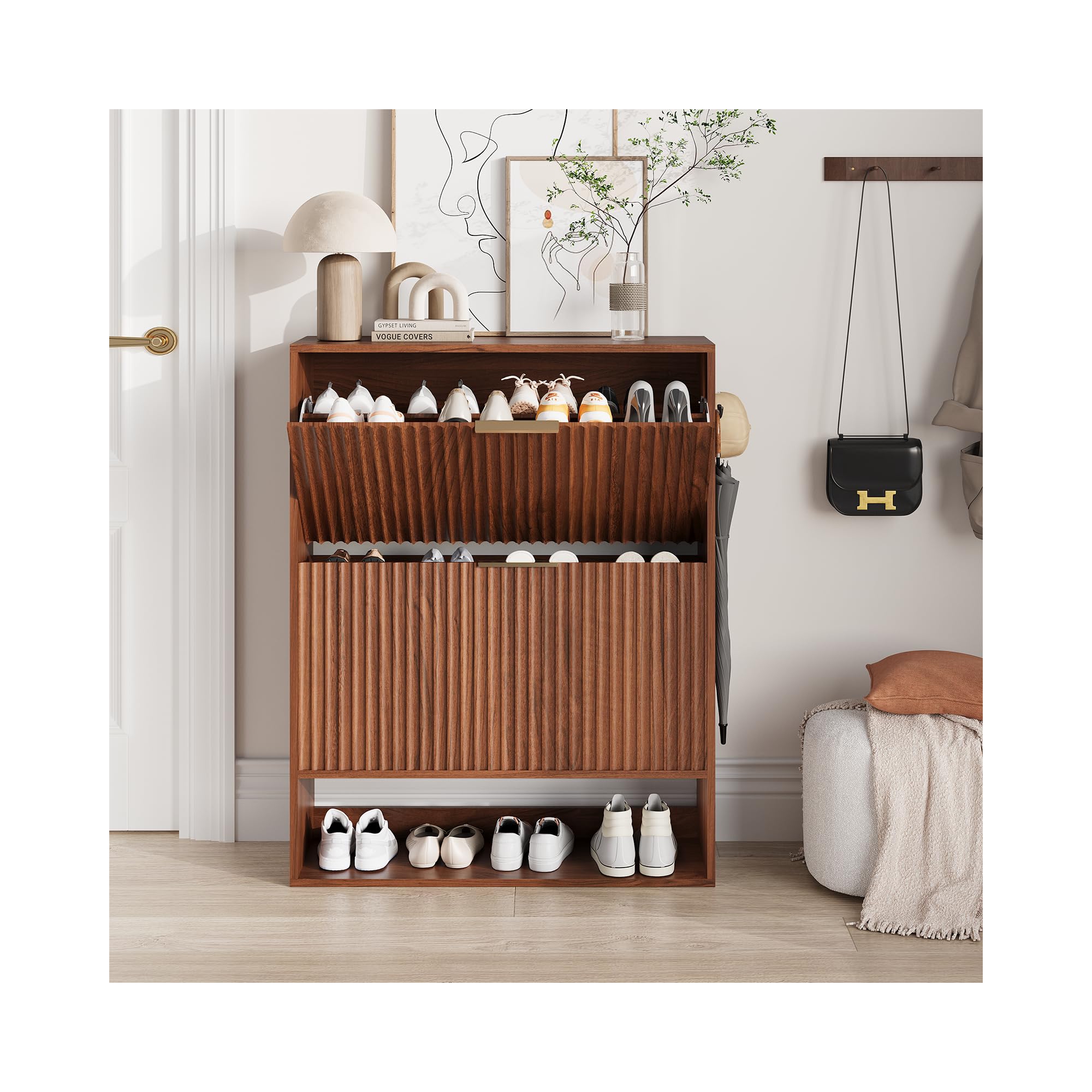 Fluted Shoe Cabinet Storage for Entryway with 2 Flip Drawers & Bottom Open Shelf, Narrow Shoe Rack Cabinet with Side Hooks