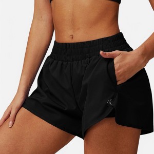 Anna-Kaci Active Women's High Waist Double Layered Running Shorts with Elastic Waistband and Curved Hem - 1 of 4