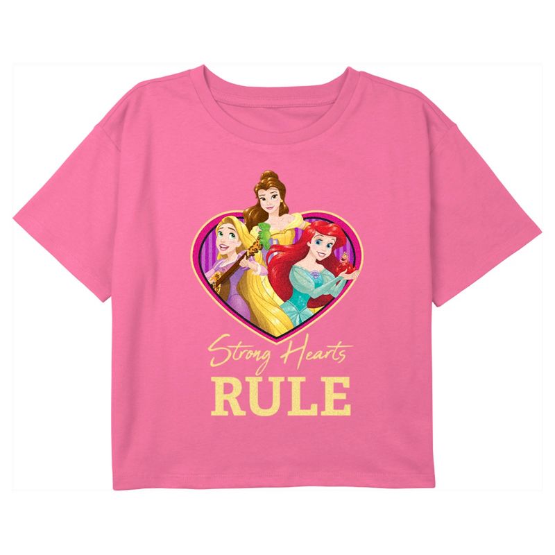 Girl's Disney Valentine's Day Princesses Strong Hearts Rule Crop T-Shirt, 1 of 4